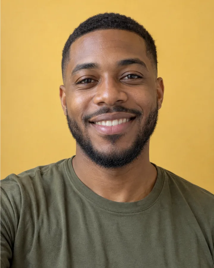 Example scan: a bearded man smiling on a yellow background