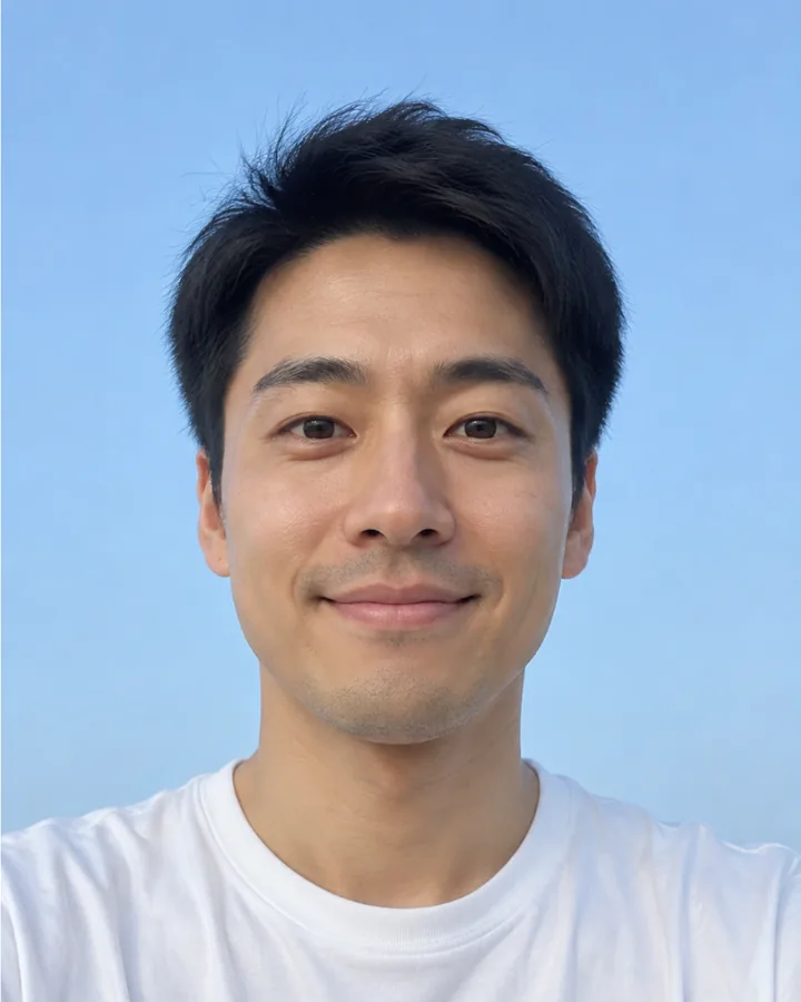 Example scan: a smiling man facing the camera with the measured face points drawn on his photo