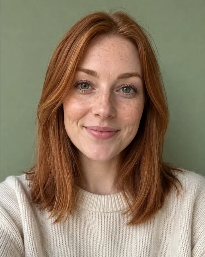 Example scan: a red-haired woman in a cream sweater