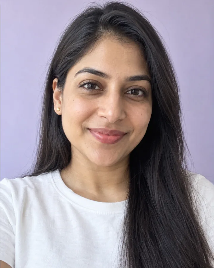 Example scan: a woman with long dark hair on a lavender background